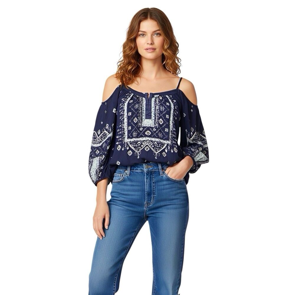 Ecote Blouse Sz XS Cold Shoulder Hipster Bohemian Boho Coastal Cow Girl Rodeo
